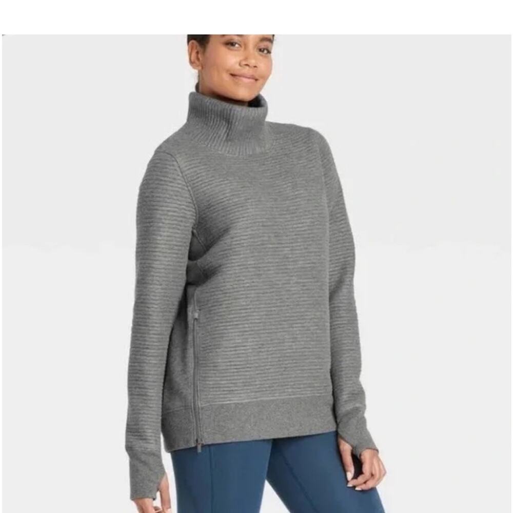 Grey Ribbed Quilted Sweatshirt Mock Turtleneck Sweater Zip Sides Cozy Athleisure